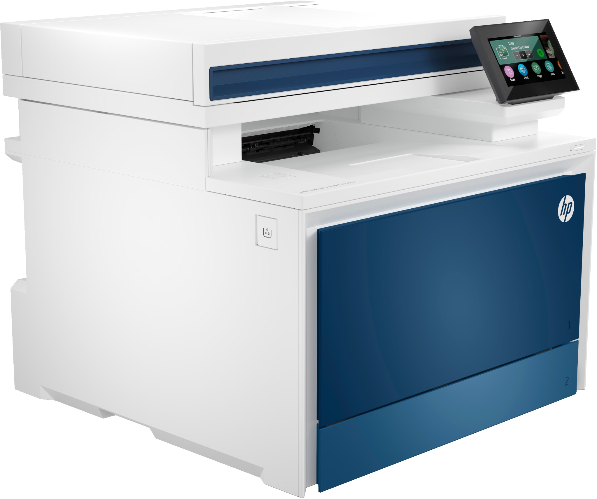 Imprimante multifonction HP blanche et bleue, vue de trois quarts